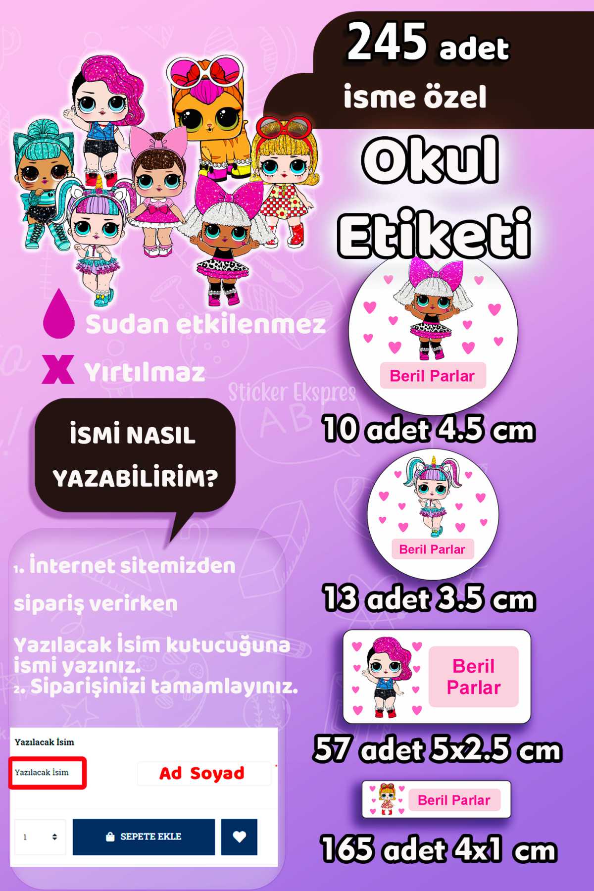 Okul Etiketi Lol Bebek Kalem Defter Etiketi Özel İsim Yazılabilen Etiket 245 Adet