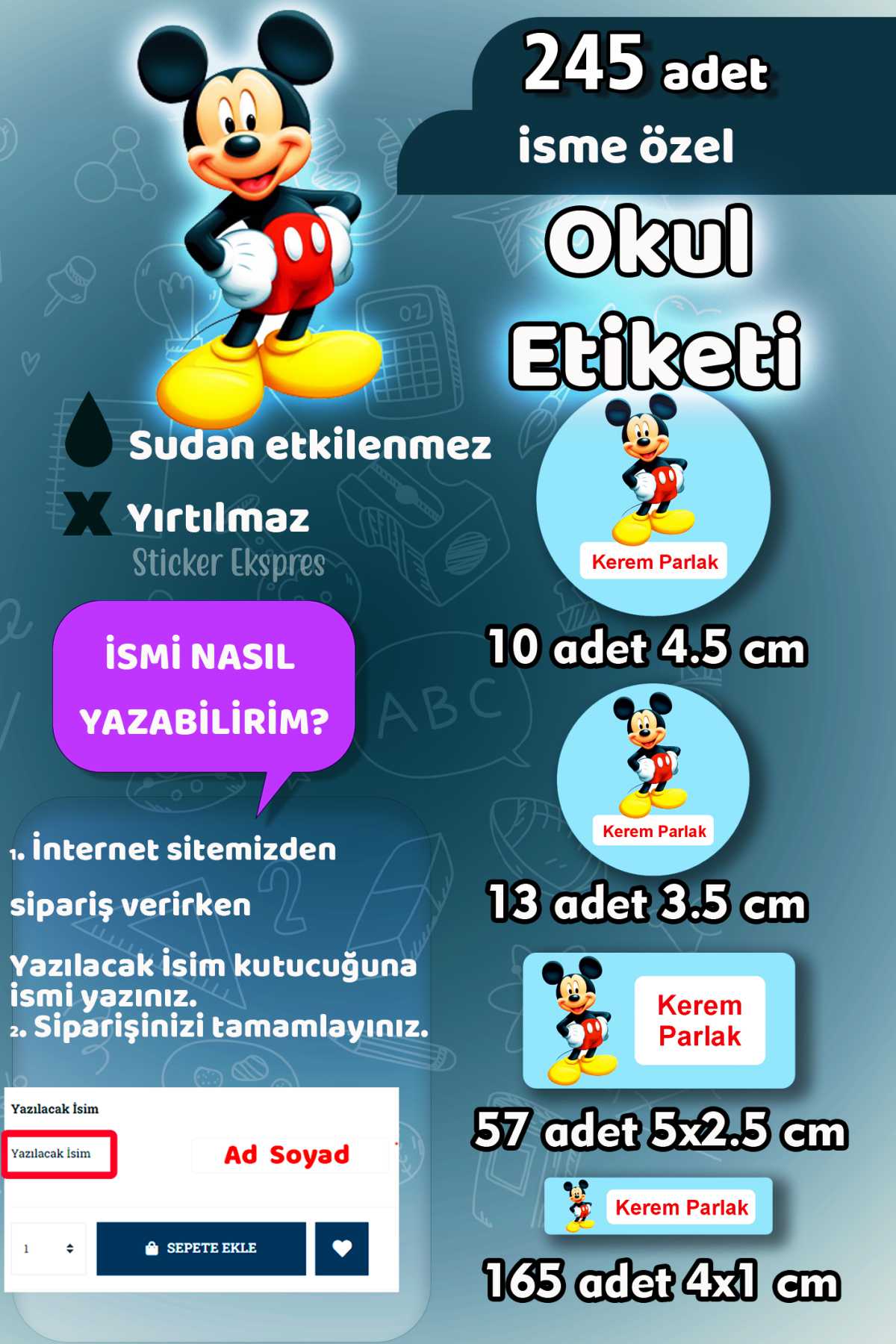 Okul Etiketi Mickey Mouse Kalem Defter Etiketi Özel İsim Yazılabilen Etiket 245 Adet