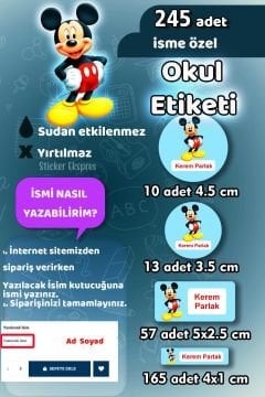Okul Etiketi Mickey Mouse Kalem Defter Etiketi Özel İsim Yazılabilen Etiket 245 Adet