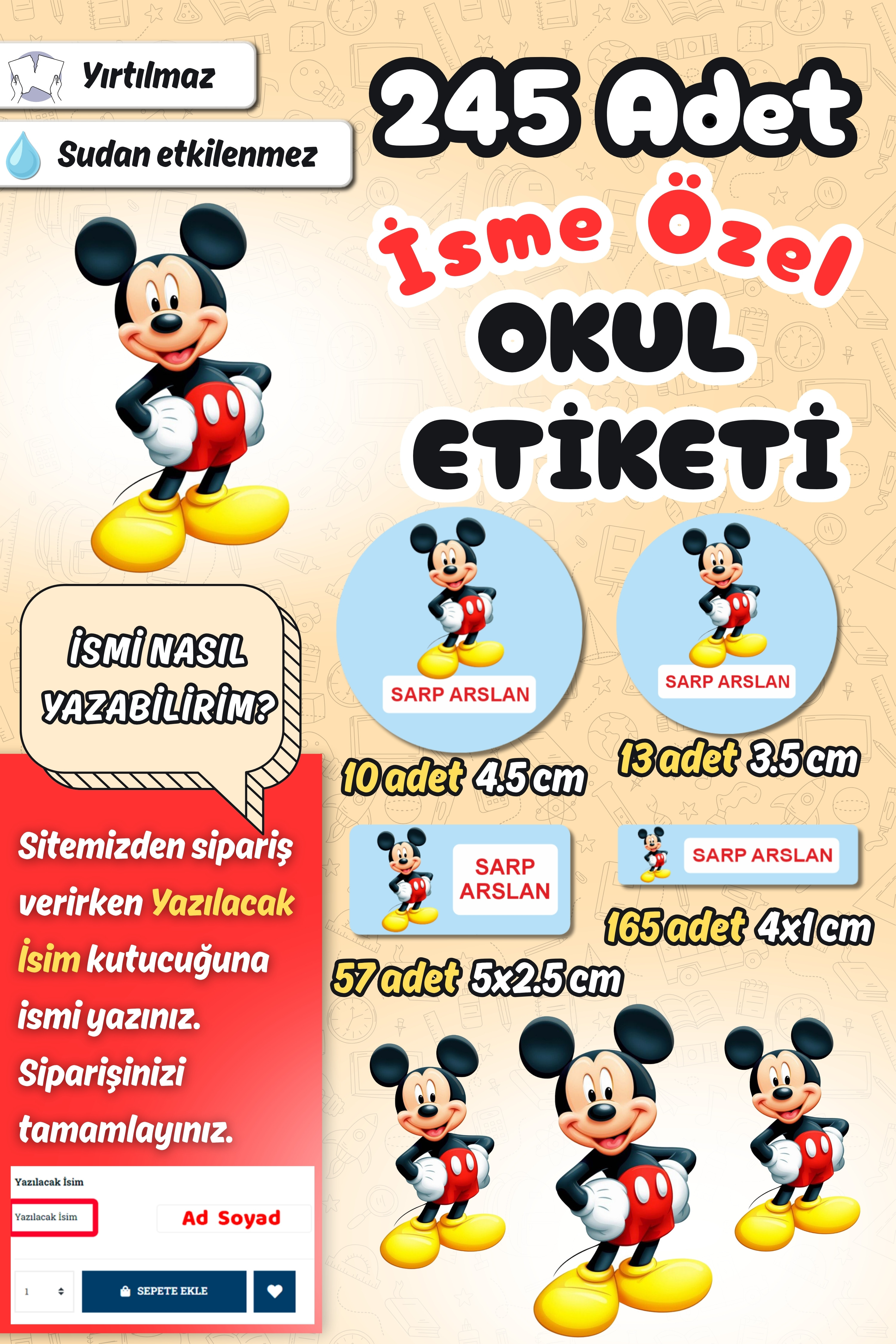 Okul Etiketi Mickey Mouse Kalem Defter Etiketi Özel İsim Yazılabilen Etiket 245 Adet