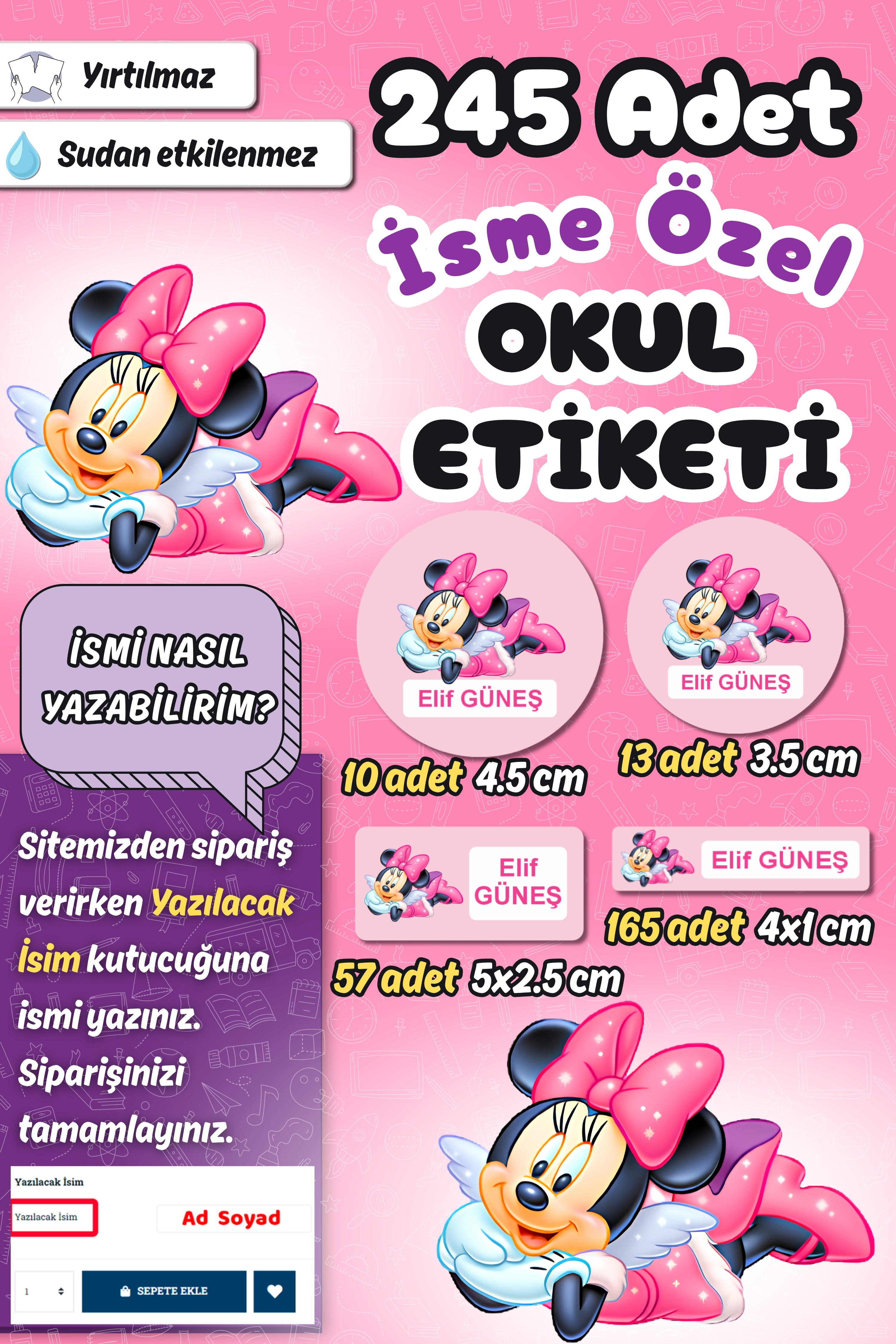 Okul Etiketi Minnie Mouse Kalem Defter Etiketi Özel İsim Yazılabilen Etiket 245 Adet