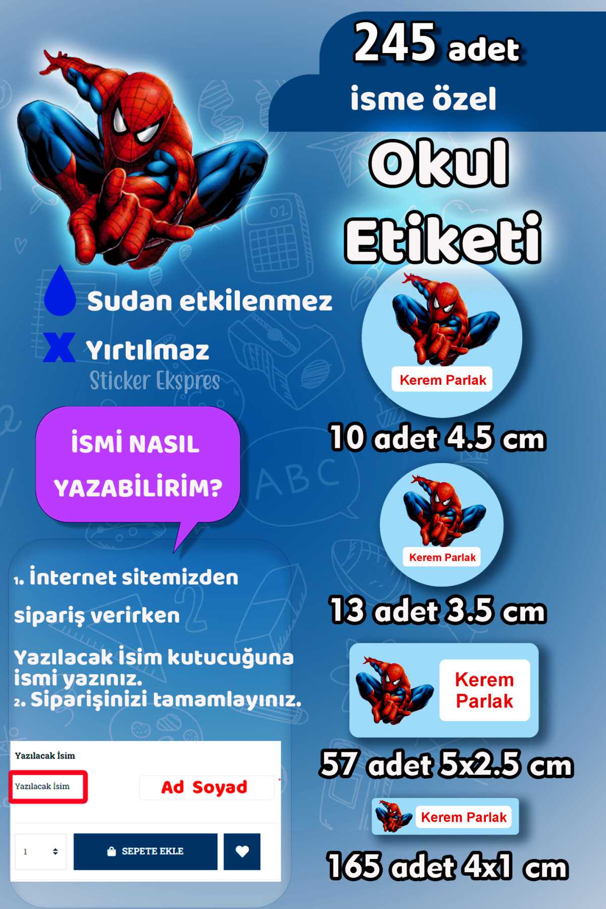 Okul Etiketi Spiderman Örümcek Adam Kalem Defter Etiketi Özel İsim Yazılabilen Etiket 245 Adet