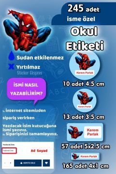 Okul Etiketi Spiderman Örümcek Adam Kalem Defter Etiketi Özel İsim Yazılabilen Etiket 245 Adet