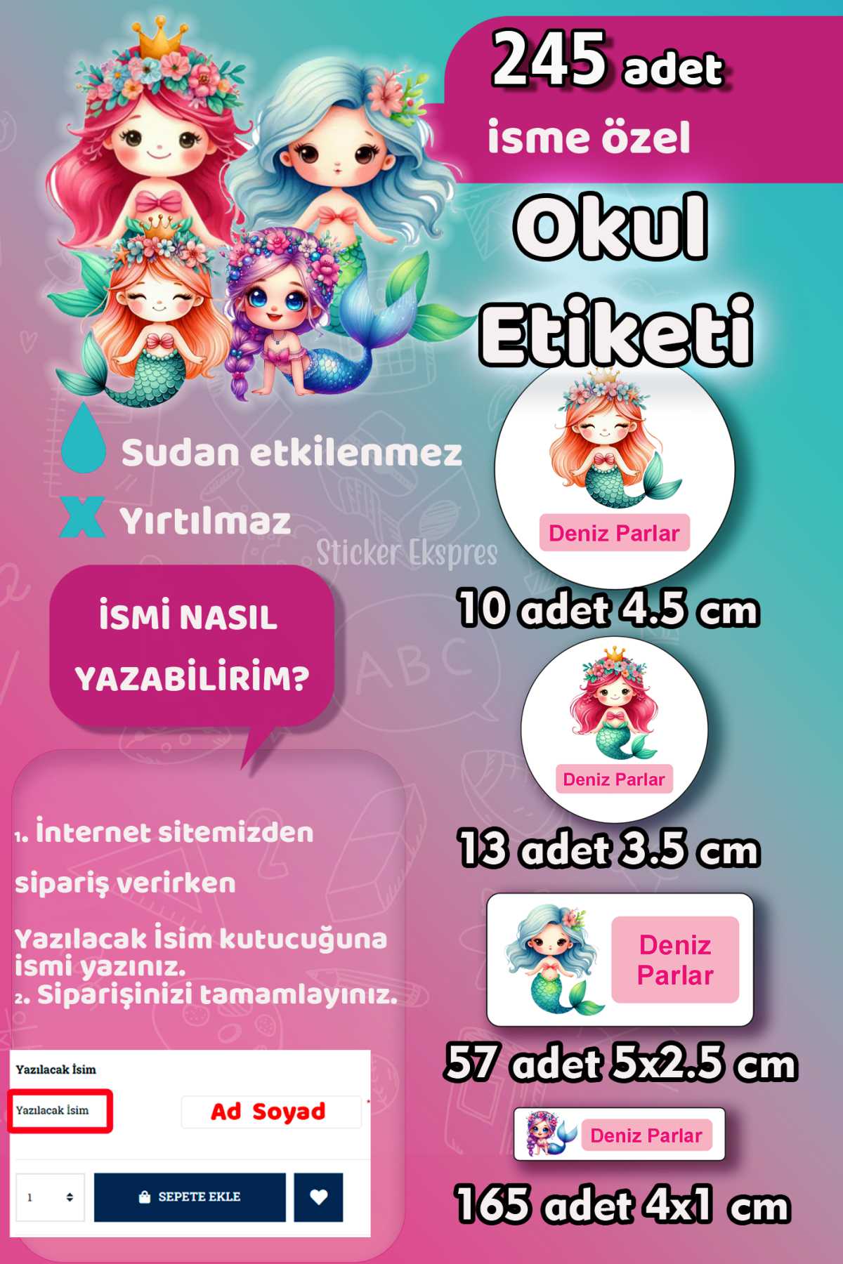 Okul Etiketi Sevimli Deniz Kızları Kalem Defter Etiketi Özel İsim Yazılabilen Etiket 245 Adet