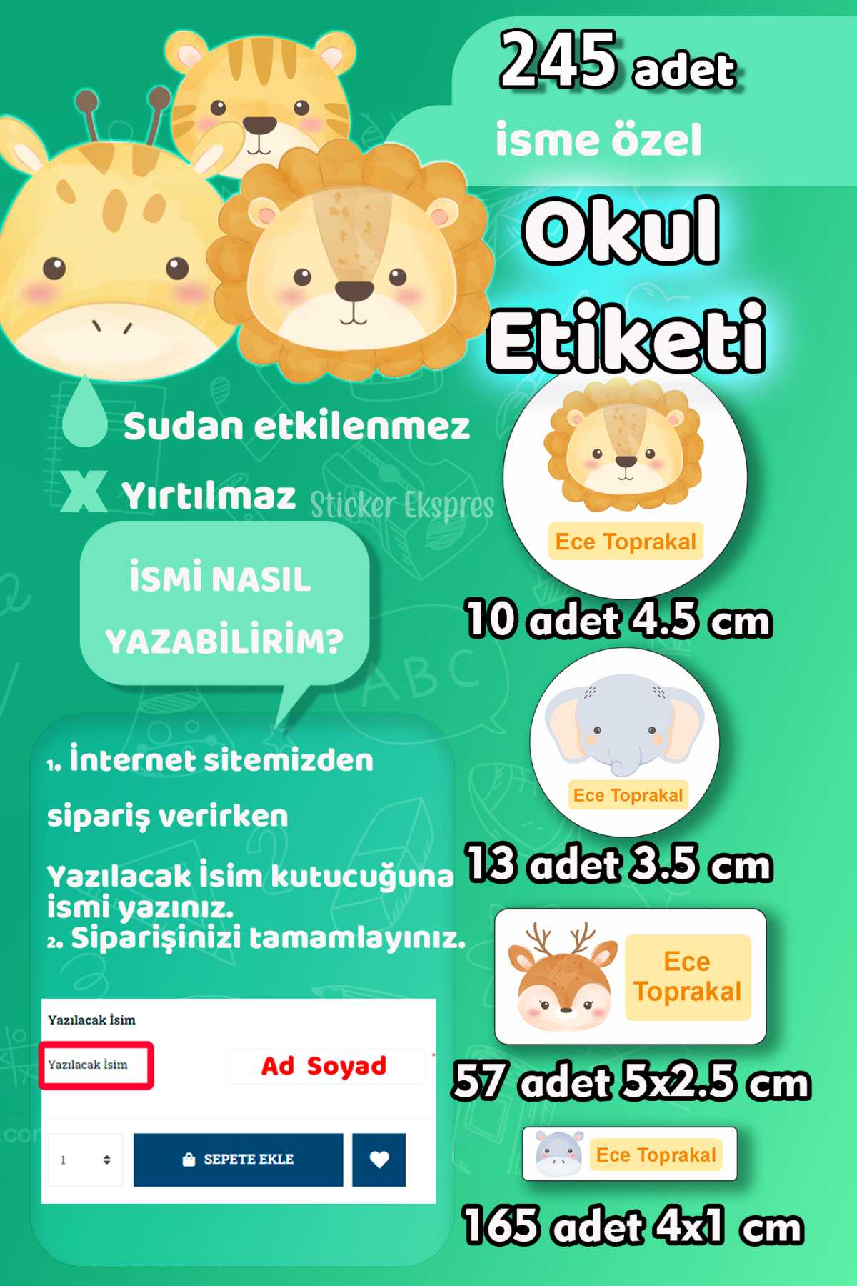 Okul Etiketi Sevimli Hayvanlar Kalem Defter Etiketi Özel İsim Yazılabilen Etiket 245 Adet