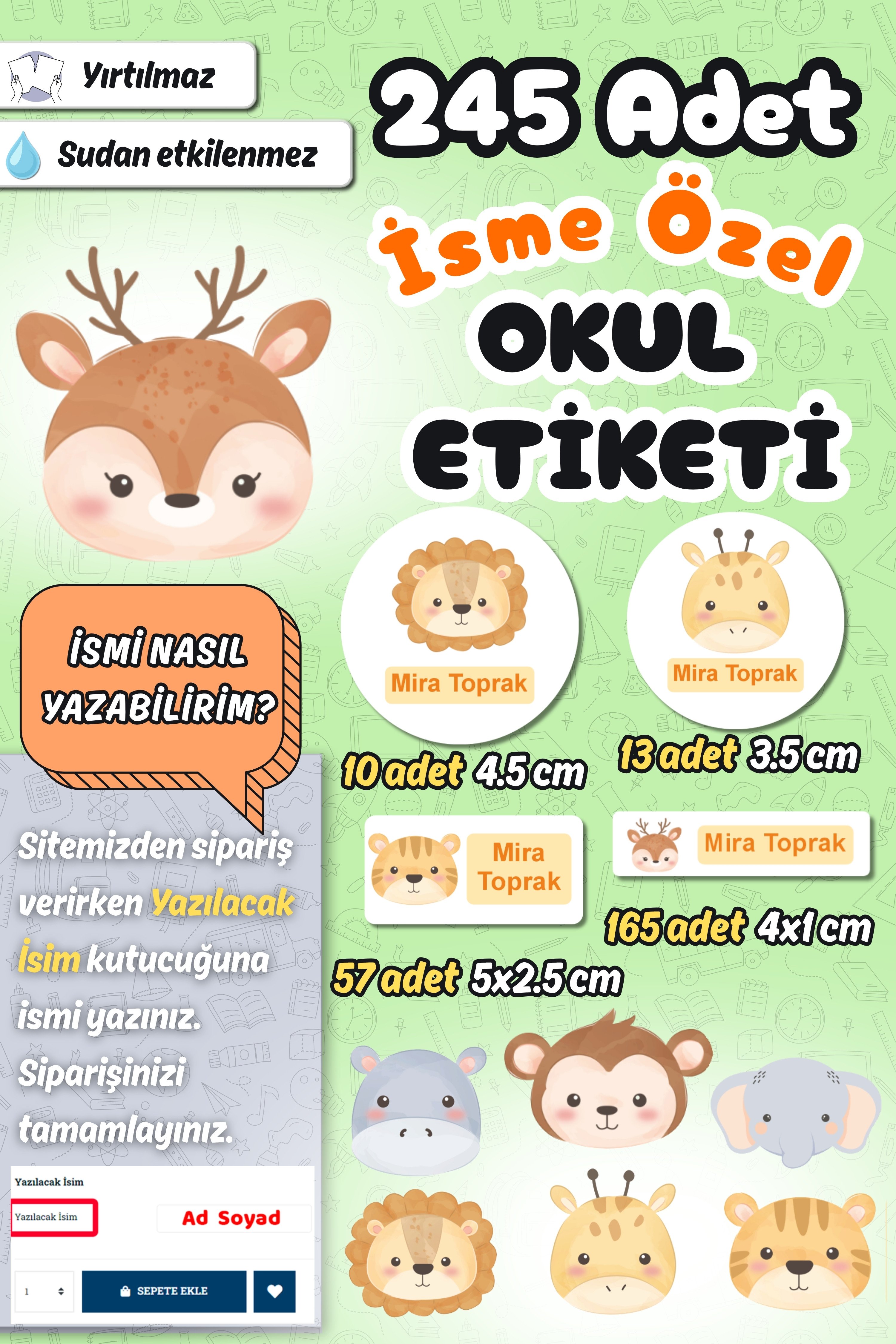 Okul Etiketi Sevimli Hayvanlar Kalem Defter Etiketi Özel İsim Yazılabilen Etiket 245 Adet