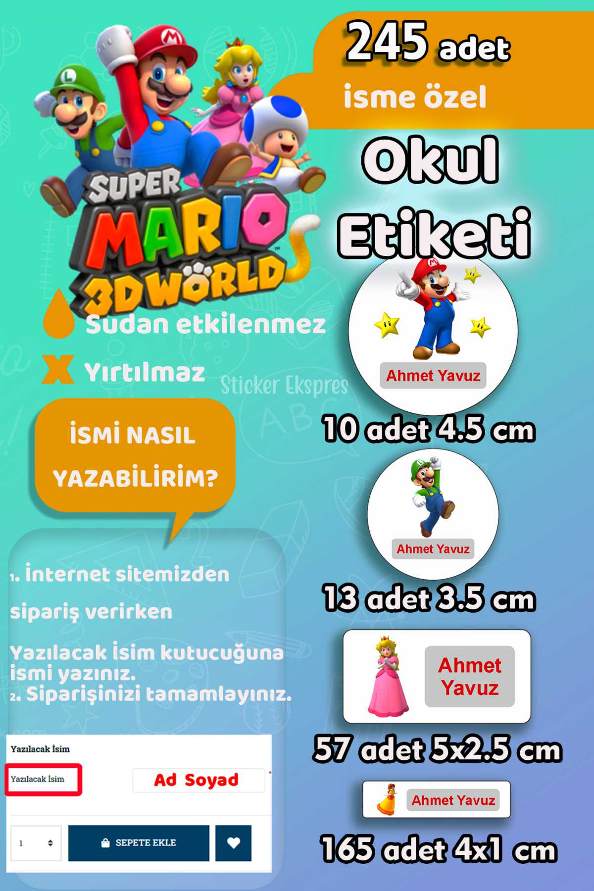 Okul Etiketi Süper Mario Temalı Kalem Defter Etiketi Özel İsim Yazılabilen Etiket 245 Adet