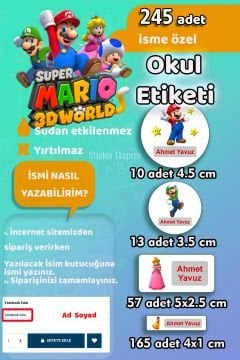 Okul Etiketi Süper Mario Temalı Kalem Defter Etiketi Özel İsim Yazılabilen Etiket 245 Adet