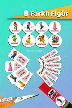 Okul Etiketi Süper Mario Temalı Kalem Defter Etiketi Özel İsim Yazılabilen Etiket 245 Adet