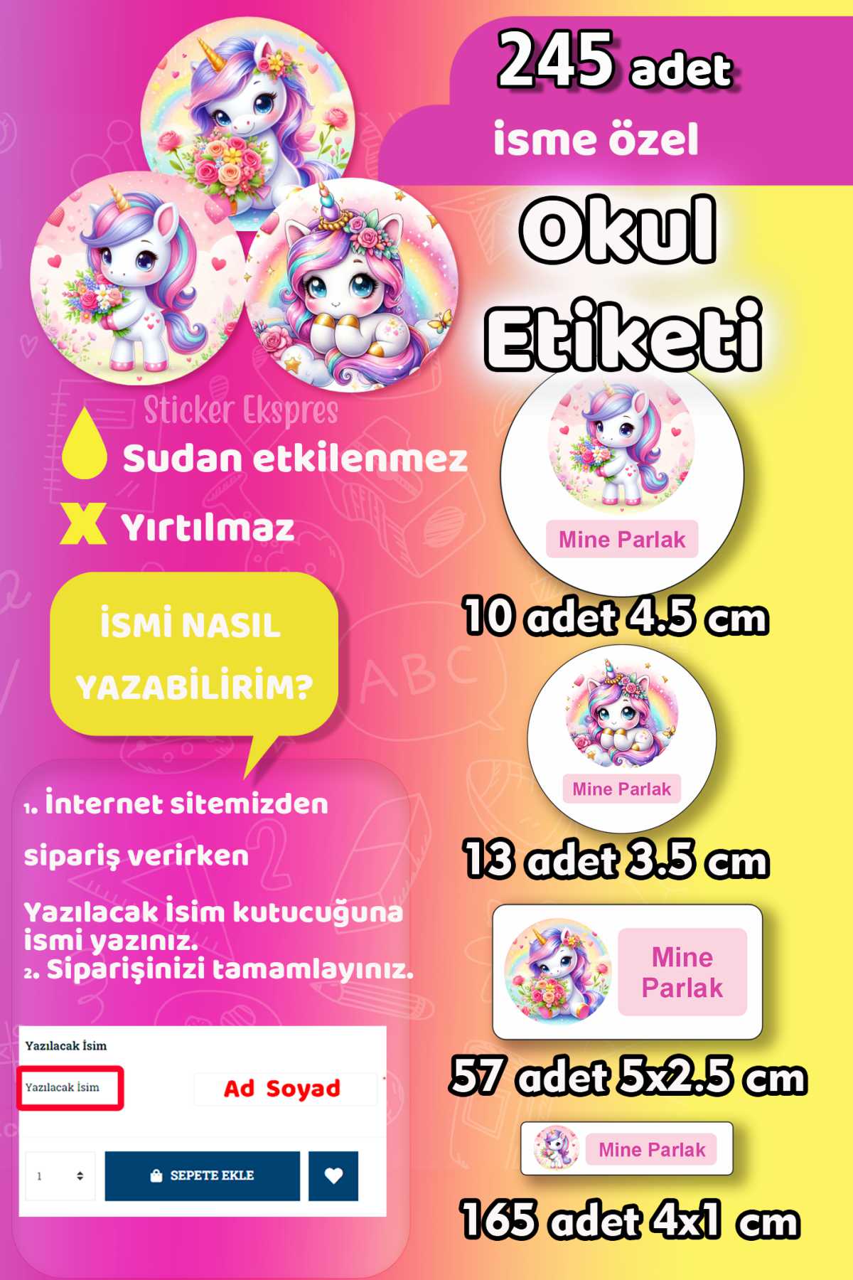 Okul Etiketi Sevimli Unicorn Kalem Defter Etiketi Özel İsim Yazılabilen Etiket 245 Adet