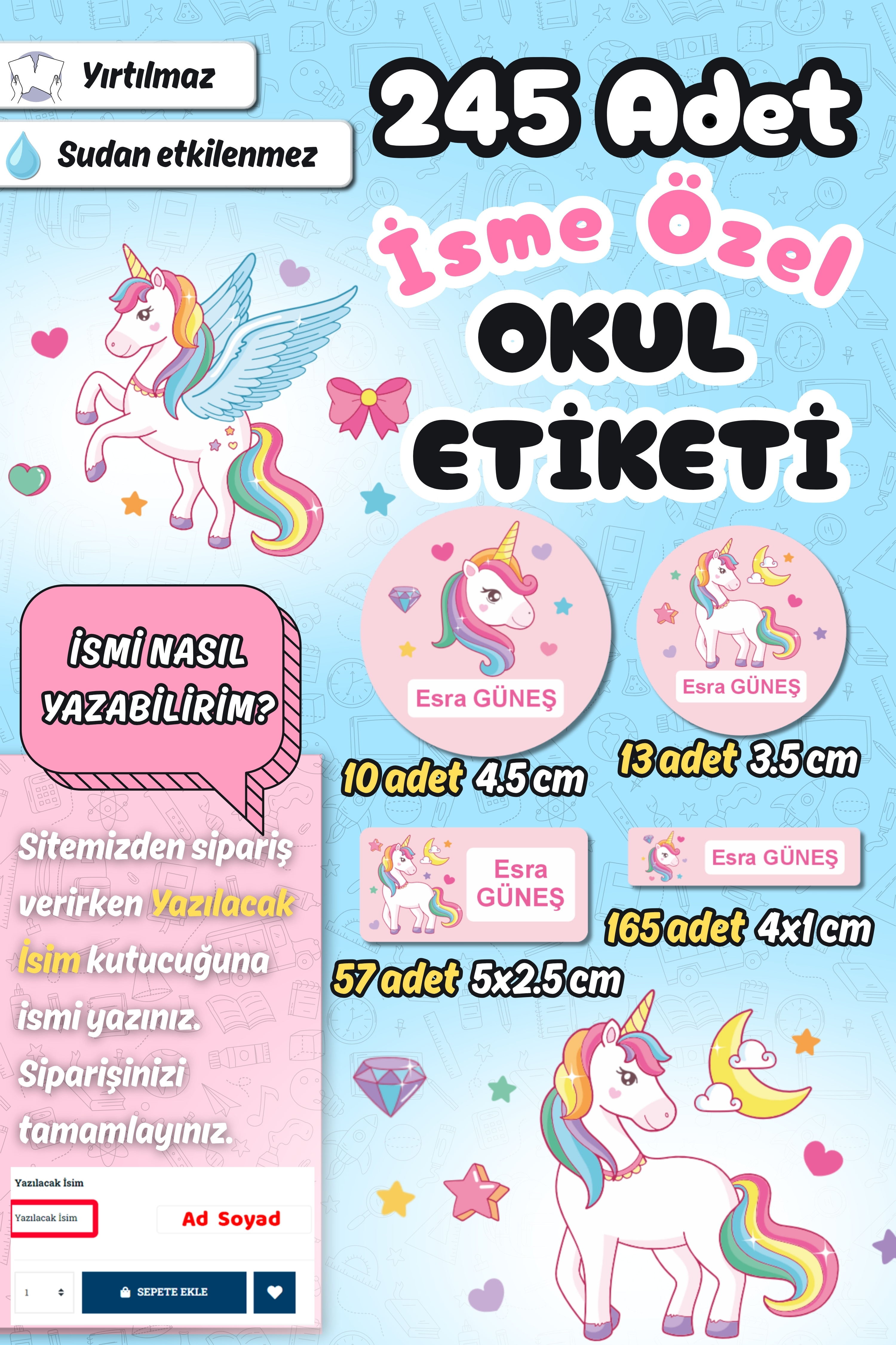 Okul Etiketi Unicorn Kalem Defter Etiketi Özel İsim Yazılabilen Etiket 245 Adet