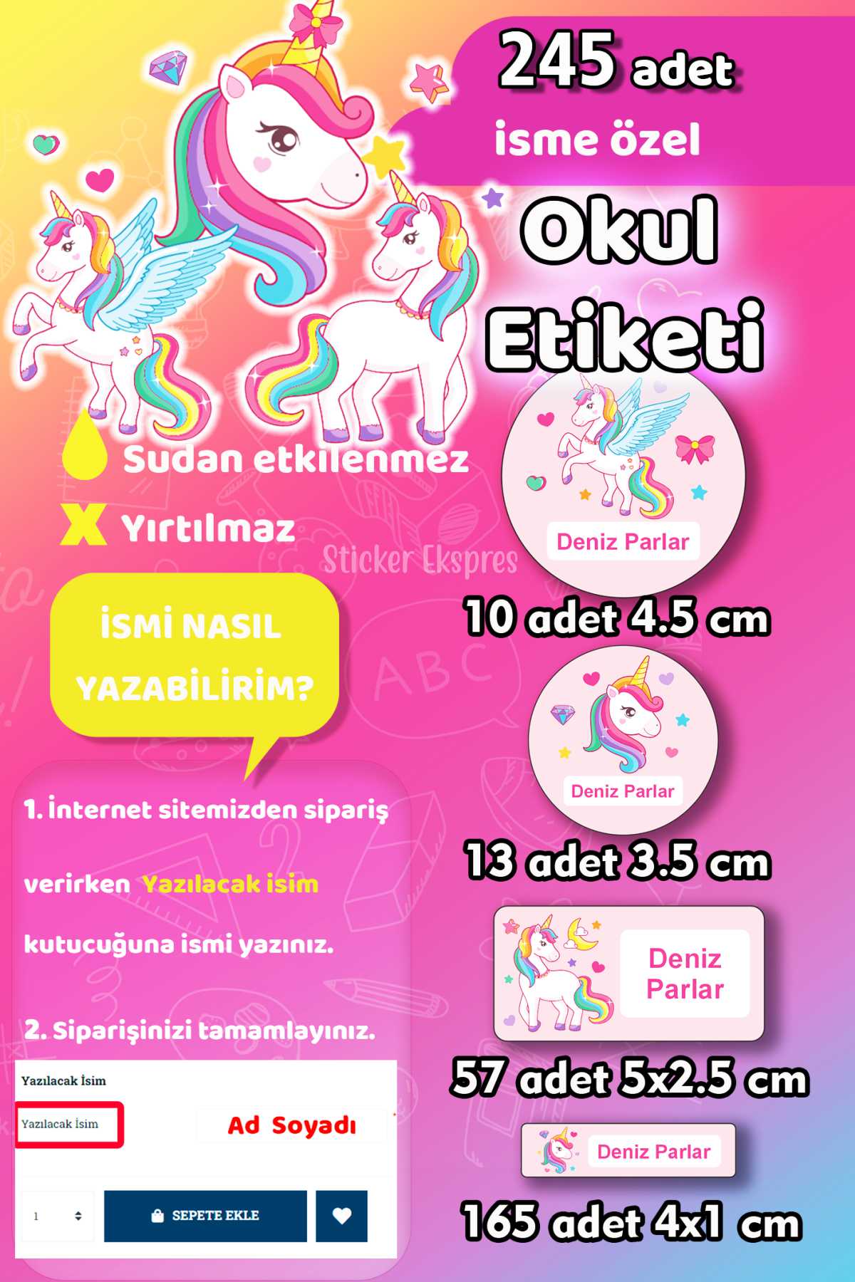 Okul Etiketi Unicorn Kalem Defter Etiketi Özel İsim Yazılabilen Etiket 245 Adet