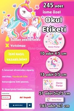 Okul Etiketi Unicorn Kalem Defter Etiketi Özel İsim Yazılabilen Etiket 245 Adet