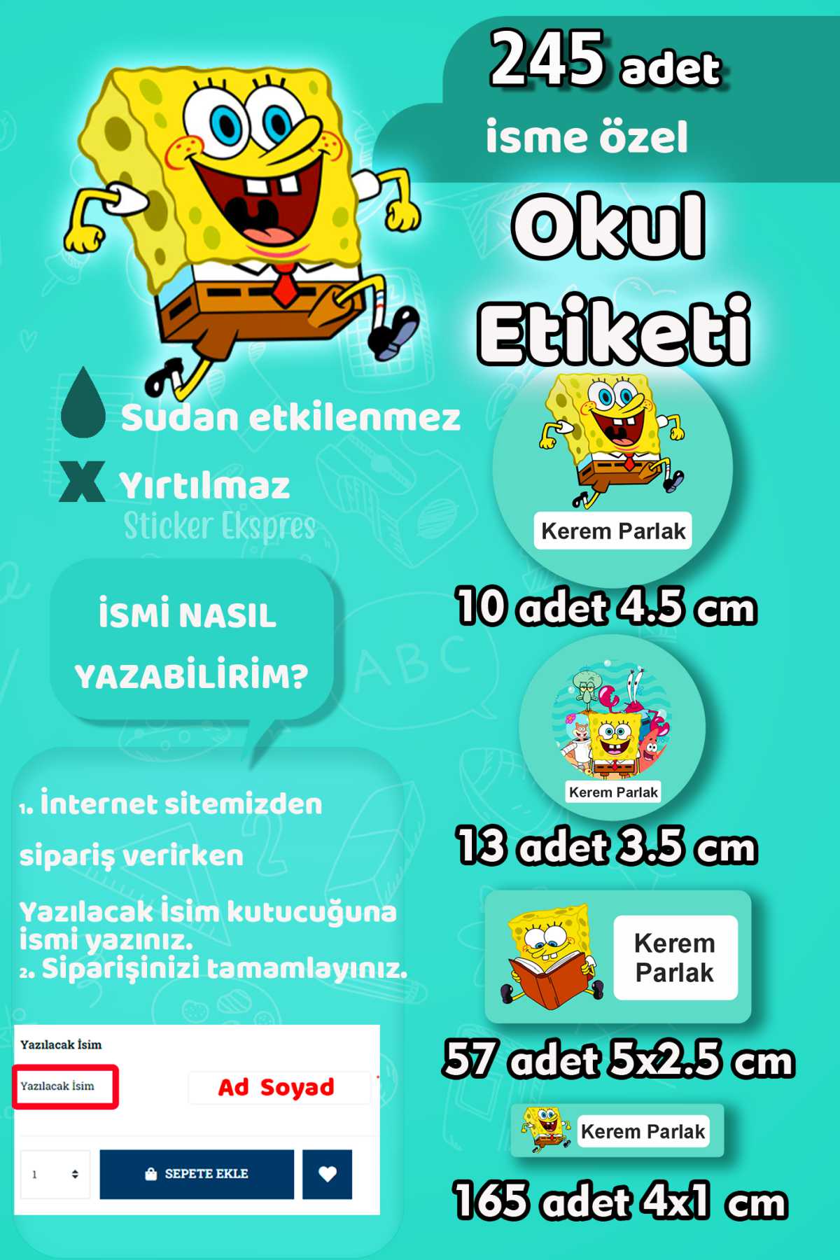 Okul Etiketi Sünger Bob Kalem Defter Etiketi Özel İsim Yazılabilen Etiket 245 Adet