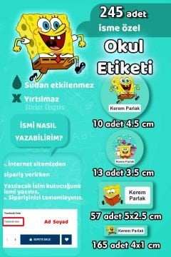 Okul Etiketi Sünger Bob Kalem Defter Etiketi Özel İsim Yazılabilen Etiket 245 Adet