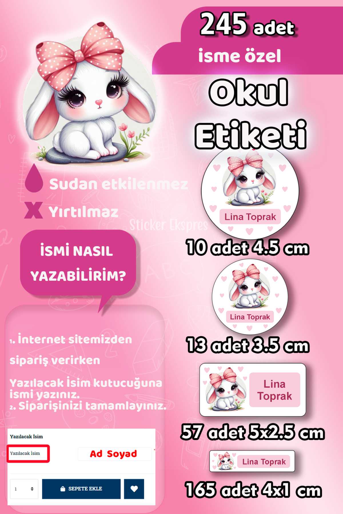 Okul Etiketi Şirin Tavşan Kalem Defter Etiketi Özel İsim Yazılabilen Etiket 245 Adet