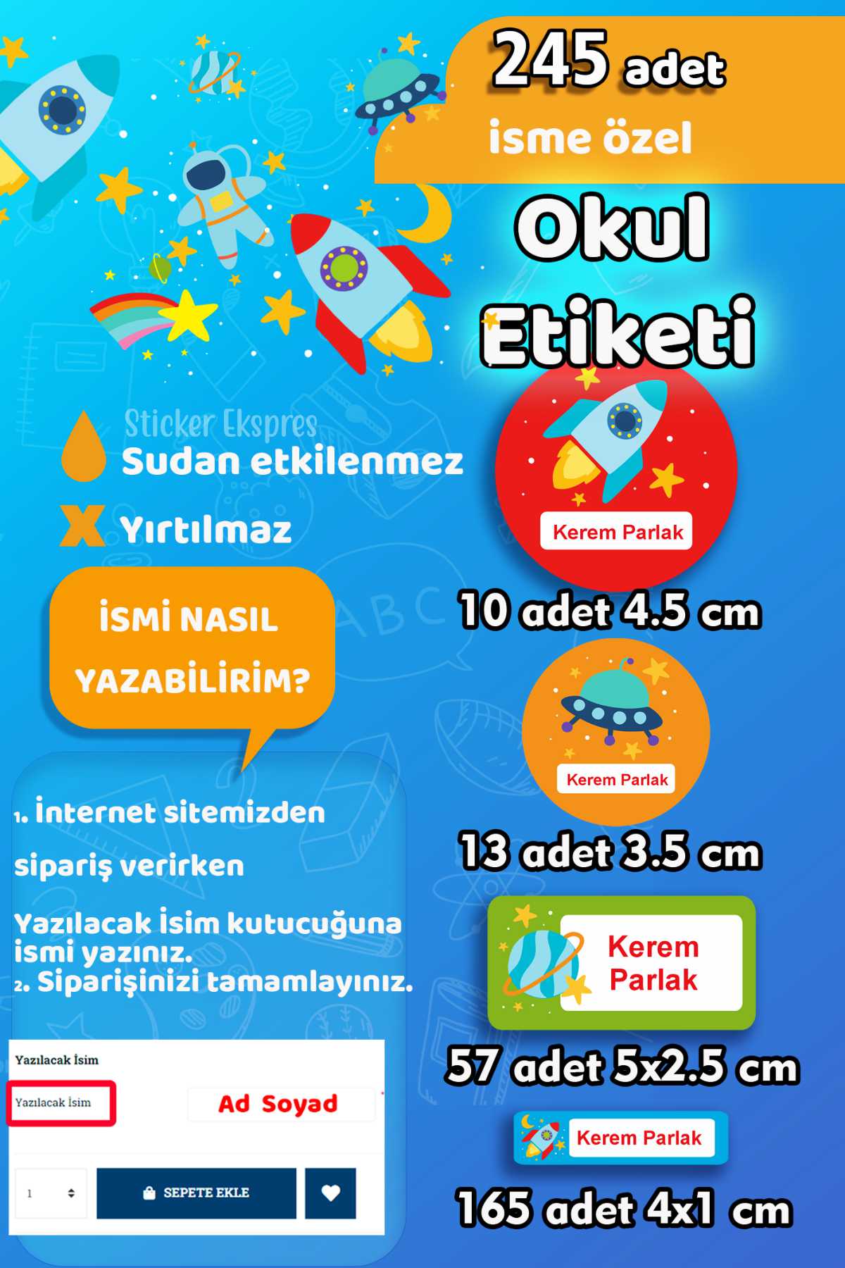 Okul Etiketi Uzay Temalı 2 Kalem Defter Etiketi Özel İsim Yazılabilen Etiket 245 Adet