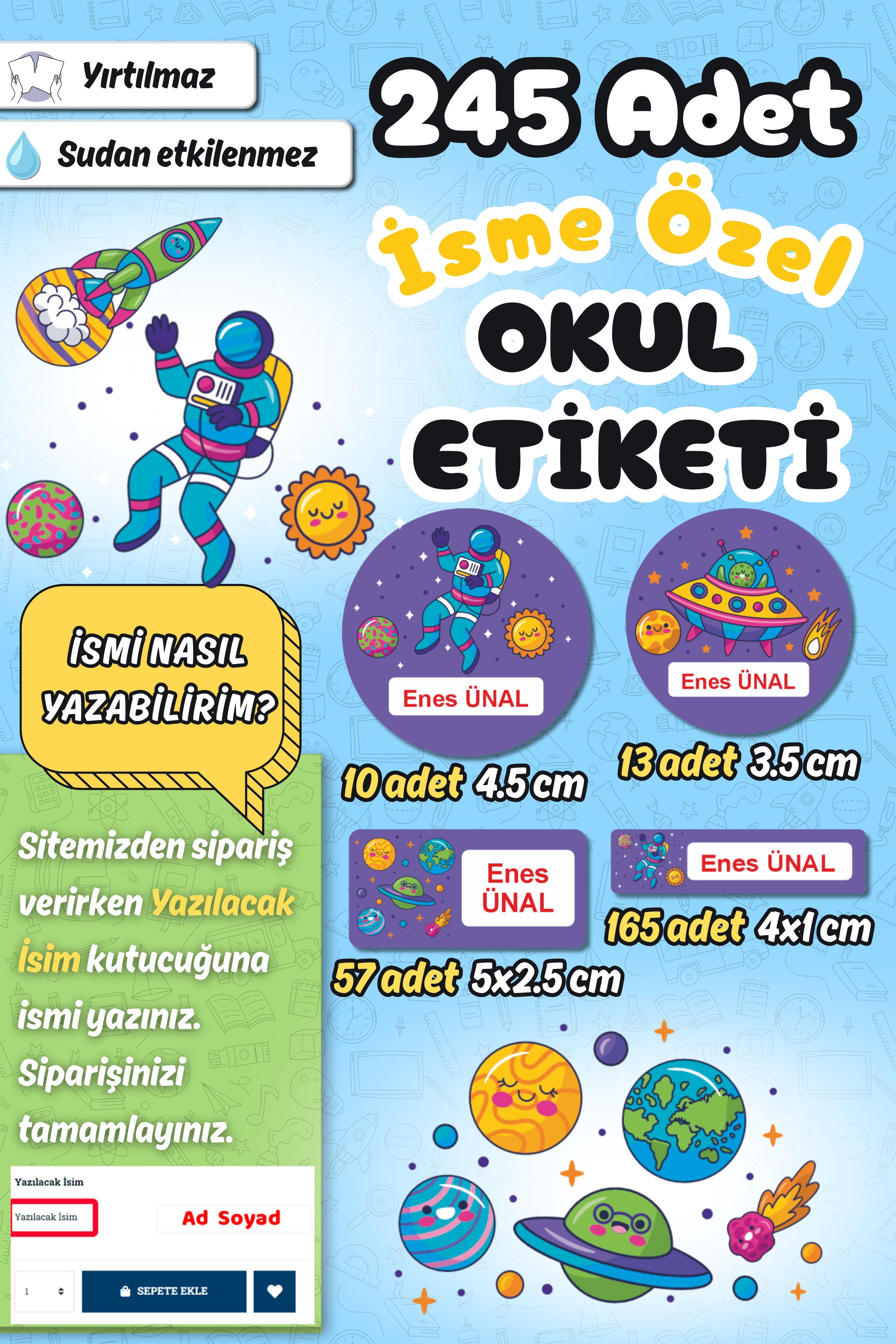 Okul Etiketi Uzay Temalı 1 Kalem Defter Etiketi Özel İsim Yazılabilen Etiket 245 Adet