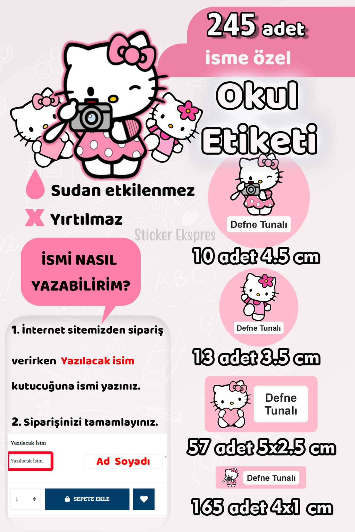 Okul Etiketi Hello Kitty Temalı Kalem Defter Etiketi Özel İsim Yazılabilen Etiket 245 Adet