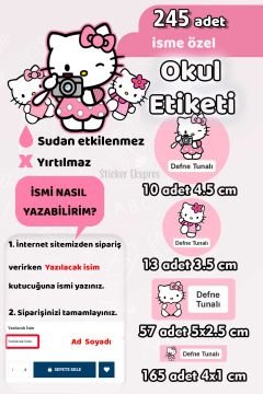 Okul Etiketi Hello Kitty Temalı Kalem Defter Etiketi Özel İsim Yazılabilen Etiket 245 Adet