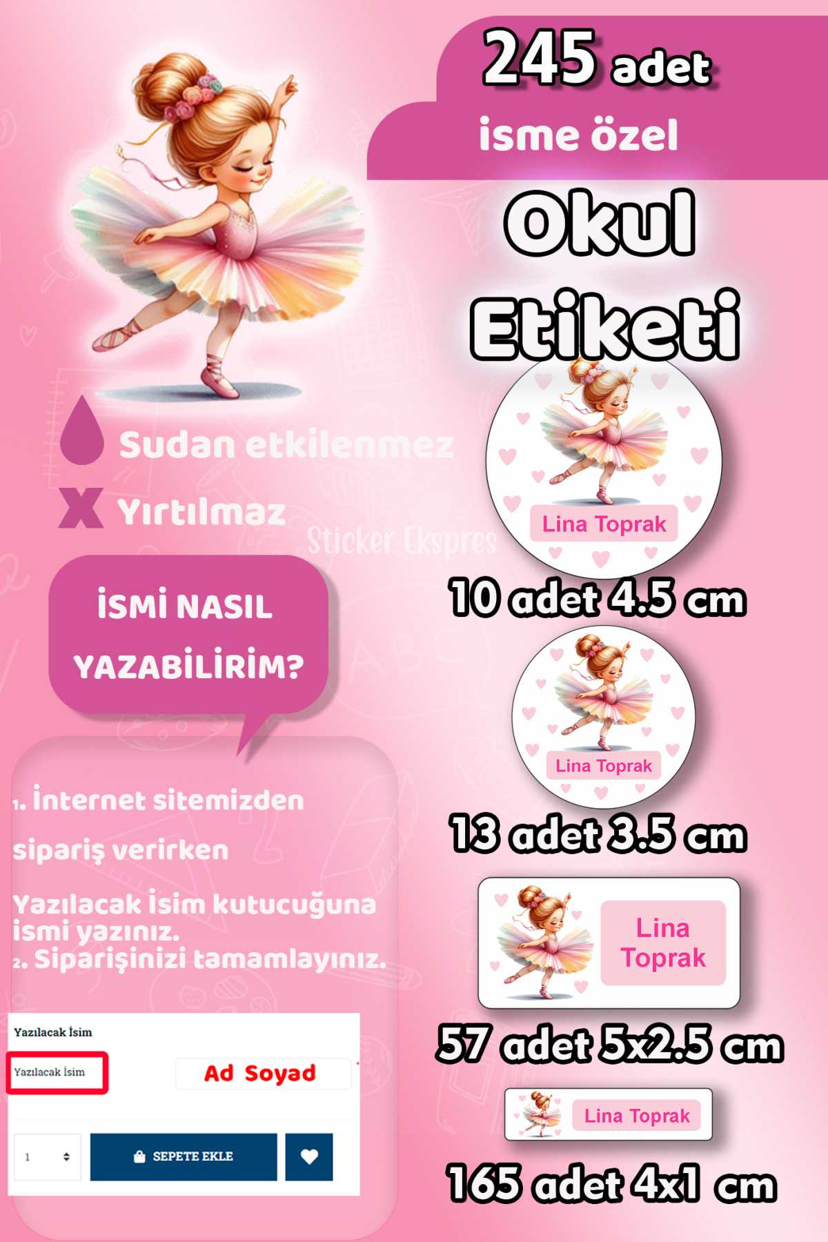 Okul Etiketi Balerin Kalem Defter Etiketi Özel İsim Yazılabilen Etiket 245 Adet