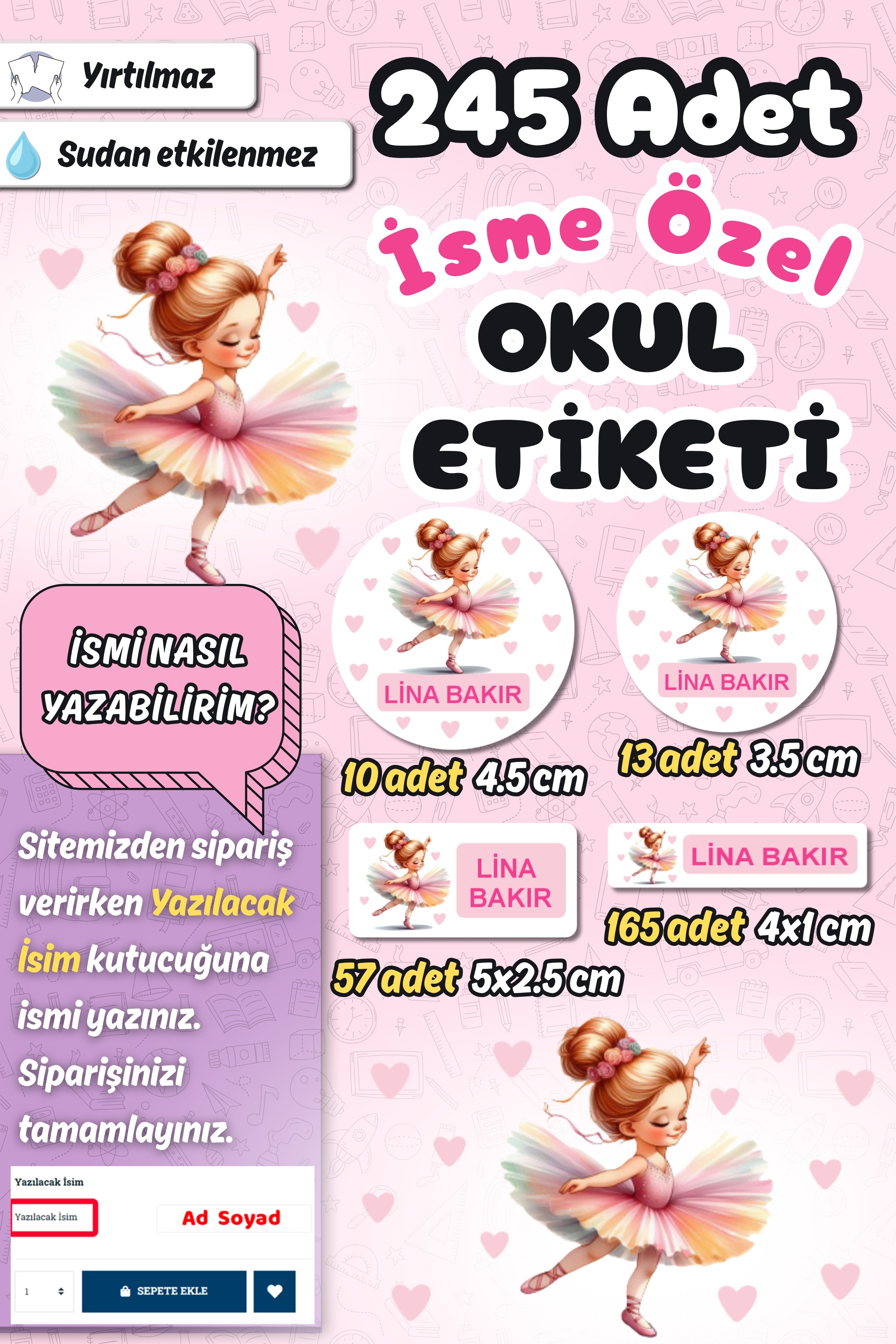 Okul Etiketi Balerin Kalem Defter Etiketi Özel İsim Yazılabilen Etiket 245 Adet