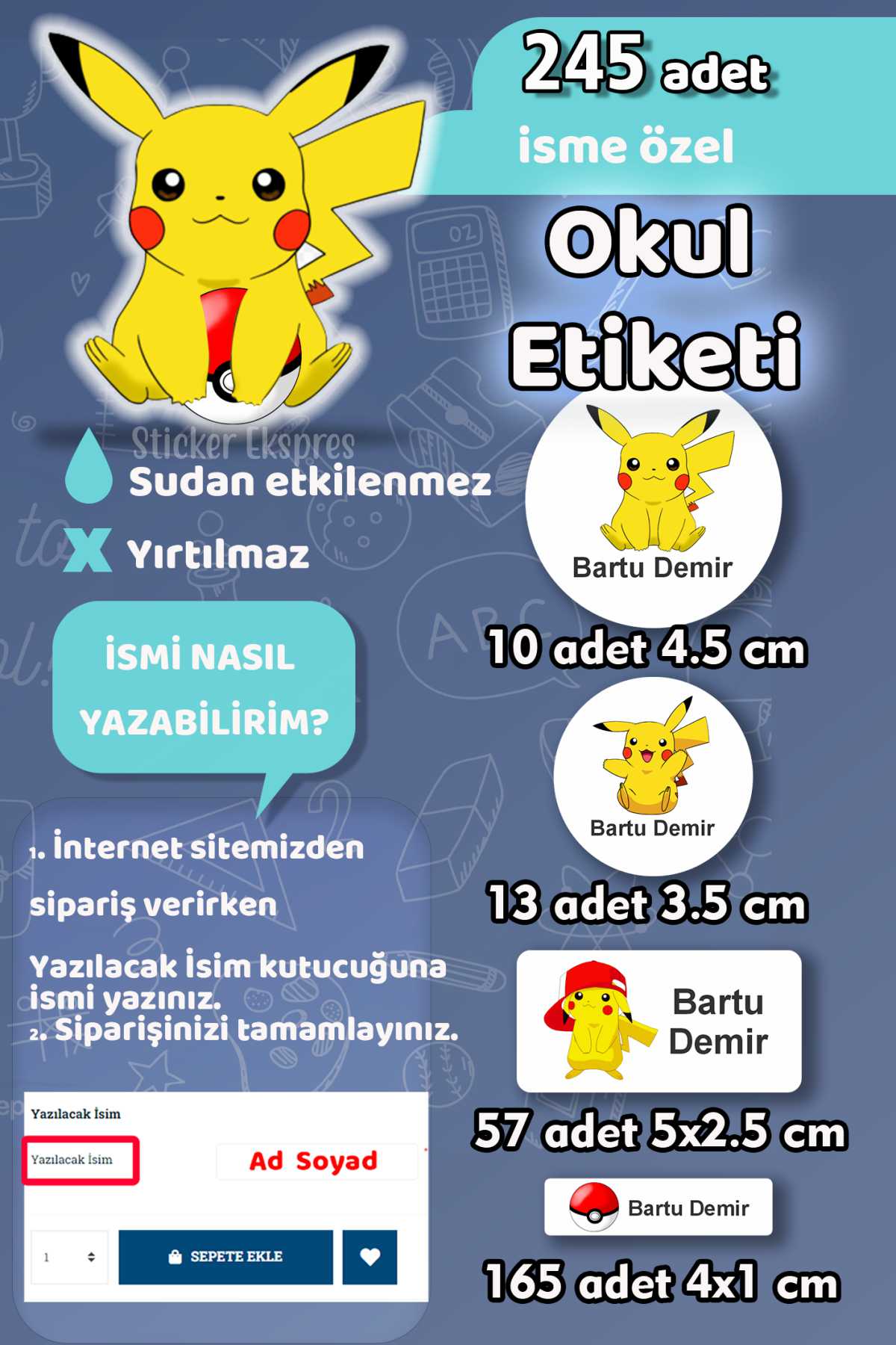 Okul Etiketi Pikachu Pokemon Kalem Defter Etiketi Özel İsim Yazılabilen Etiket 245 Adet