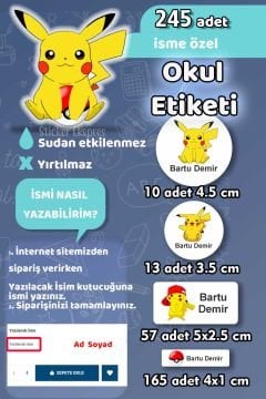 Okul Etiketi Pikachu Pokemon Kalem Defter Etiketi Özel İsim Yazılabilen Etiket 245 Adet