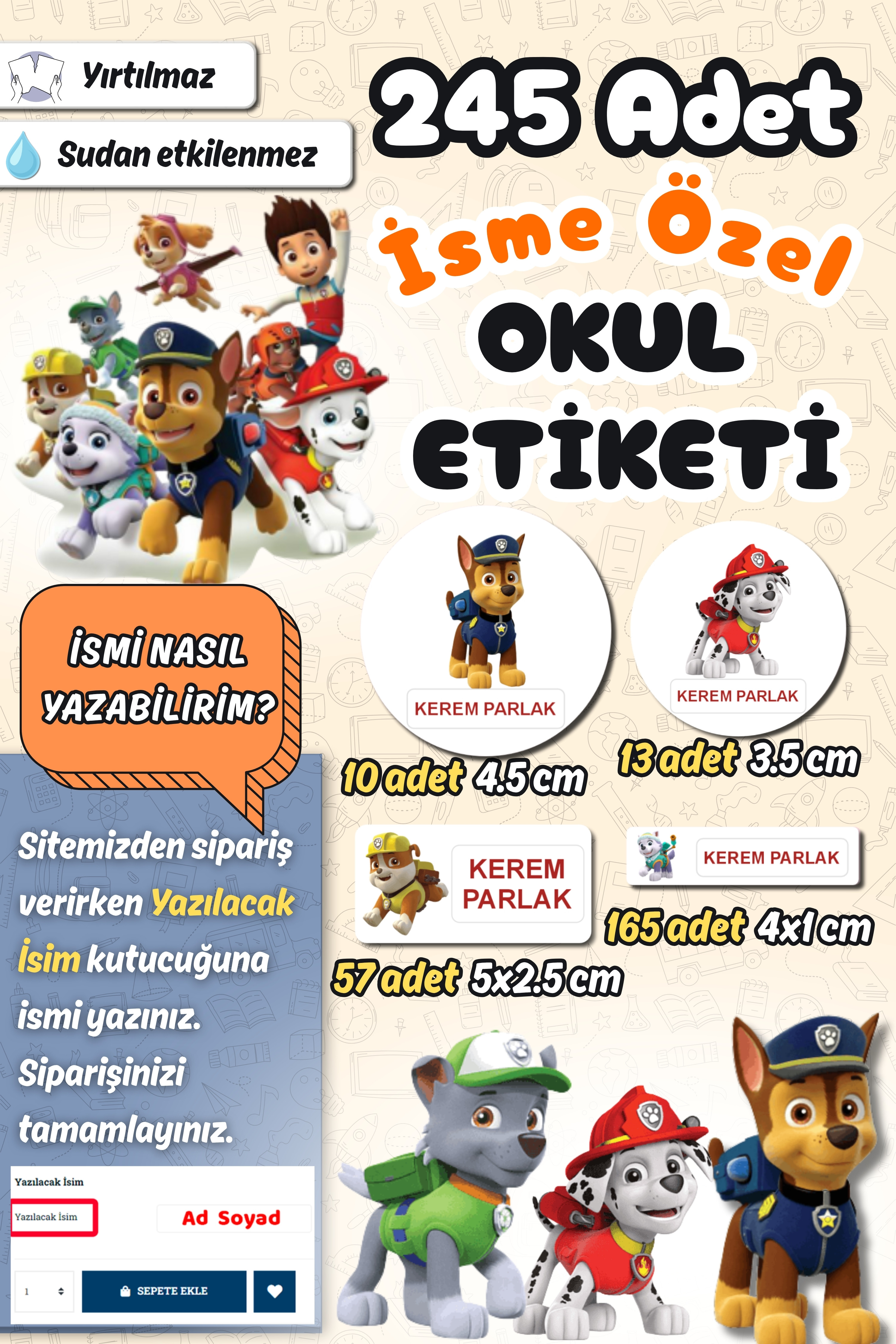 Okul Etiketi Paw Petrol Kalem Defter Etiketi Özel İsim Yazılabilen Etiket 245 Adet