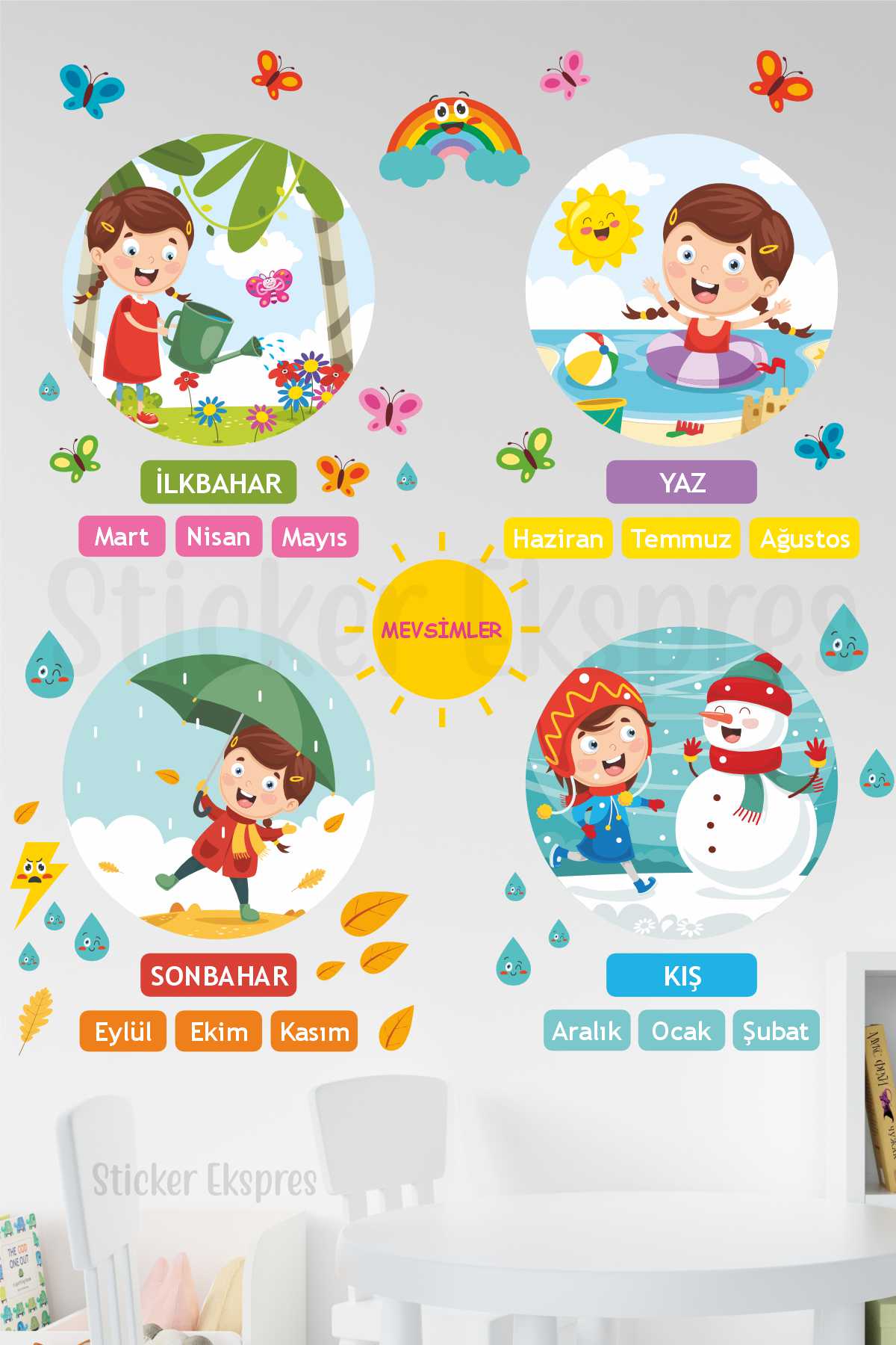 Mevsimler Anaokulu Kreş Okul Çocuk Odası Mevsim Duvar Kapı Cam Sticker Seti
