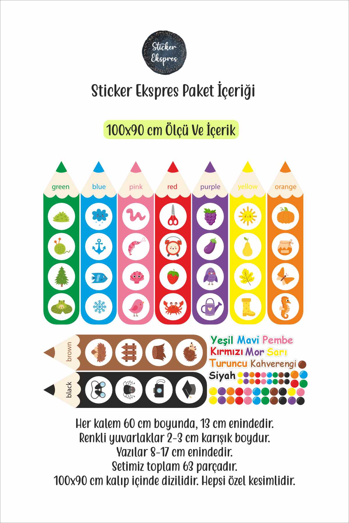 Renkleri Öğreniyorum Anaokulu Kreş Okul Çocuk Odası Duvar Kapı Cam Sticker Seti 100x90 cm