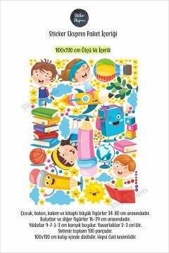 Kalem Kitap Ve Çocuklar Anaokulu Kreş Okul Çocuk Odası Duvar Kapı Cam Sticker Seti