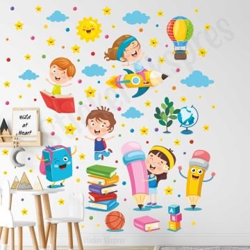 Kalem Kitap Ve Çocuklar Anaokulu Kreş Okul Çocuk Odası Duvar Kapı Cam Sticker Seti
