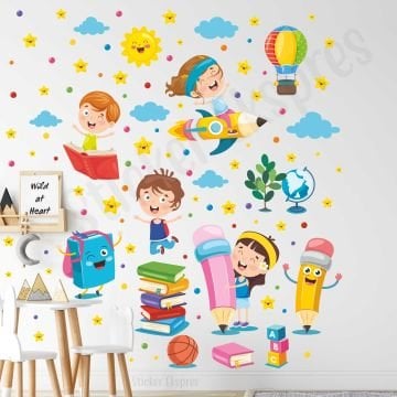Kalem Kitap Ve Çocuklar Anaokulu Kreş Okul Çocuk Odası Duvar Kapı Cam Sticker Seti
