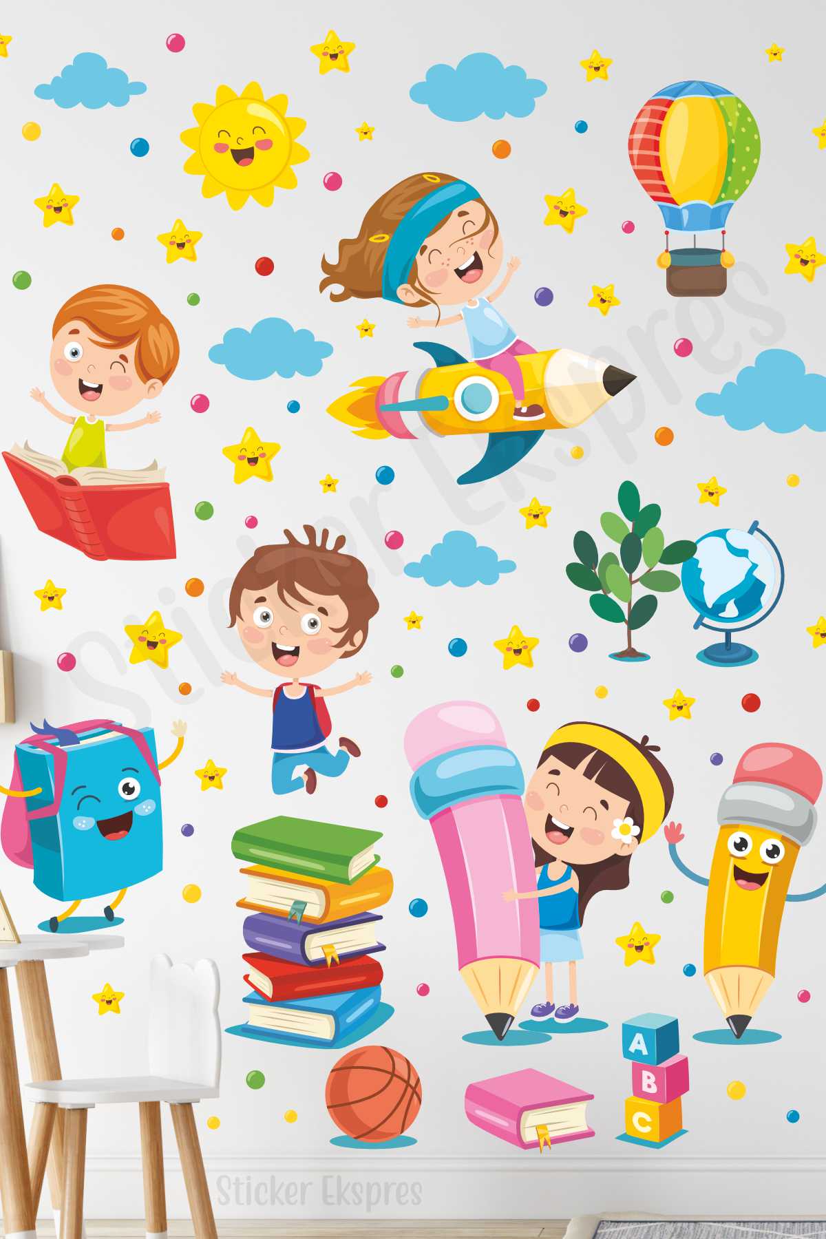 Kalem Kitap Ve Çocuklar Anaokulu Kreş Okul Çocuk Odası Duvar Kapı Cam Sticker Seti