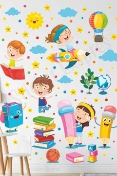 Kalem Kitap Ve Çocuklar Anaokulu Kreş Okul Çocuk Odası Duvar Kapı Cam Sticker Seti