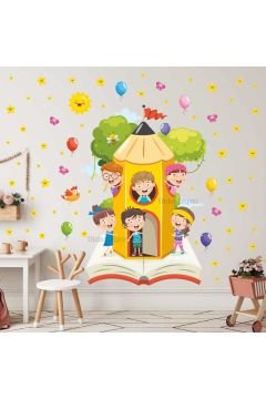 Kitap Kalem Ağacı Ve Çocuklar Anaokulu Okul Çocuk Odası Kreş Duvar Kapı Cam Sticker Seti