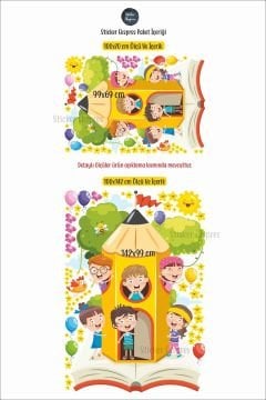 Kitap Kalem Ağacı Ve Çocuklar Anaokulu Okul Çocuk Odası Kreş Duvar Kapı Cam Sticker Seti