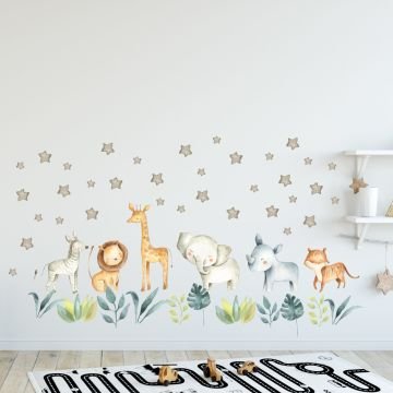 Gri Yıldızlı Safari Hayvanlar ve Yapraklar Sticker Set