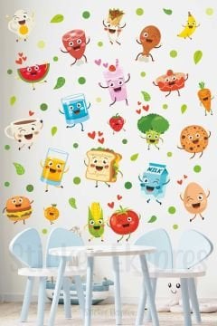 Sevimli Yiyecekler Anaokulu Kreş Okul Yemekhane Mutfak Duvar Kapı Cam Sticker Seti