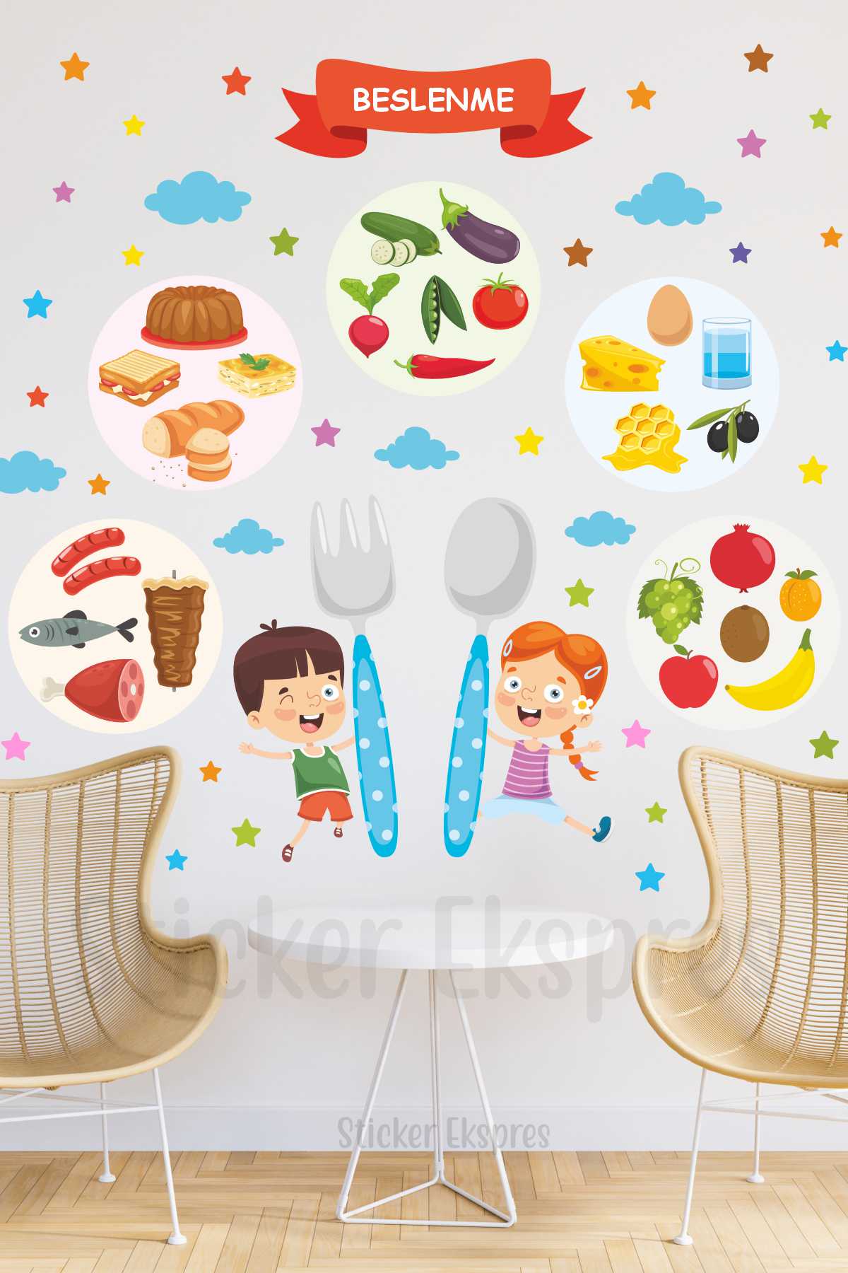 Beslenme Ve Çocuklar Temalı Anaokulu Kreş Okul Yemekhane Mutfak Duvar Kapı Cam Sticker Seti