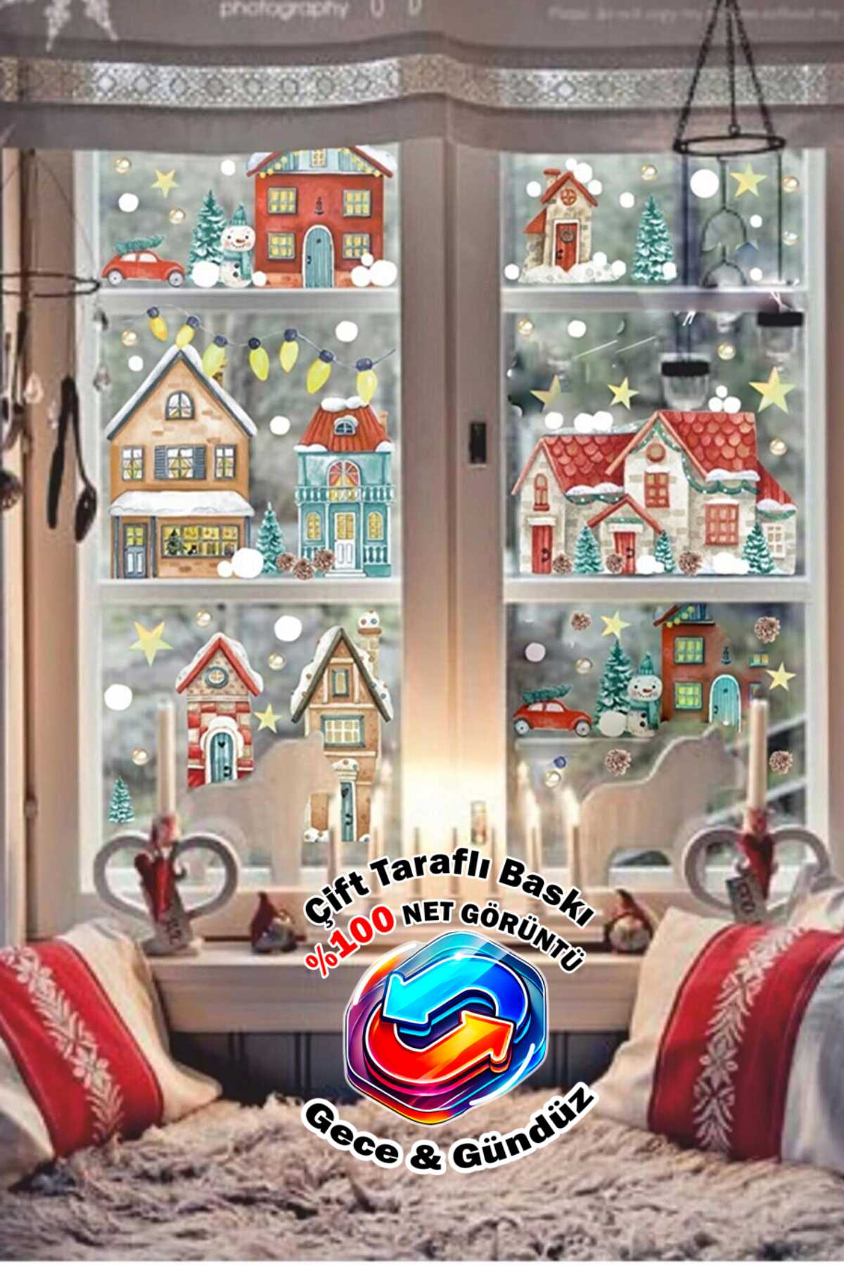 Çift Taraflı Baskılı Yılbaşı Karlı Şehir Karlı Evler Yeni Yıl Yılbaşı Süsü Yılbaşı Cam Sticker Seti