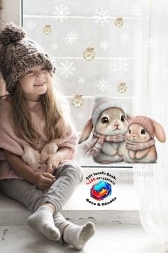 Çift Taraflı Baskılı Şirin Tavşanlar Ve Kar Taneleri Yeni Yıl Yılbaşı Süsü Yılbaşı Cam Sticker Seti