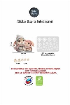 Çift Taraflı Baskılı Şirin Tavşanlar Ve Kar Taneleri Yeni Yıl Yılbaşı Süsü Yılbaşı Cam Sticker Seti