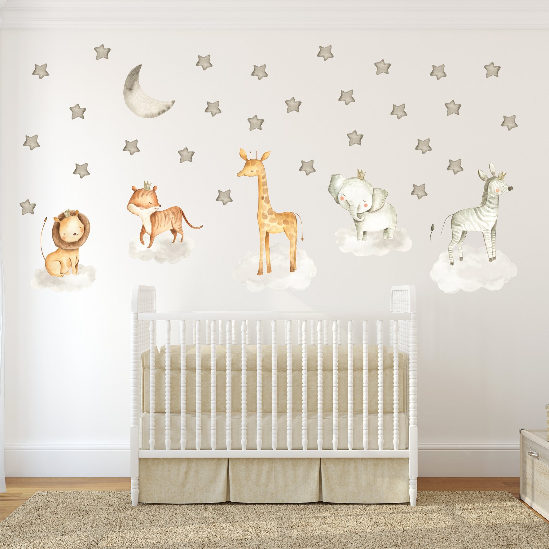 Bulutların Üzerinde Duran Safari Hayvanlar Sticker Set Gri