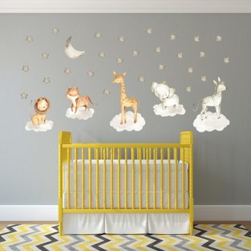 Bulutların Üzerinde Duran Safari Hayvanlar Sticker Set Gri