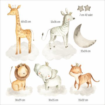 Bulutların Üzerinde Duran Safari Hayvanlar Sticker Set Gri