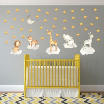 Bulutların Üzerinde Duran Safari Hayvanlar Sticker Set Sarı
