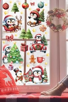 Sevimli Penguenler Yeni Yıl Yılbaşı Süsü Cam Kapı Duvar Yılbaşı Sticker Seti