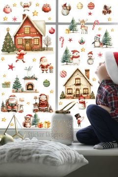 Noel Baba Ve Arkadaşları Yeni Yıl Yılbaşı Süsü Cam Kapı Duvar Sticker Seti